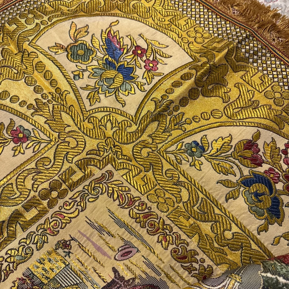 Spanish Tapestry Scarf Sevilla Spain Embroidered Manton Altar Table 48x48 Vtg